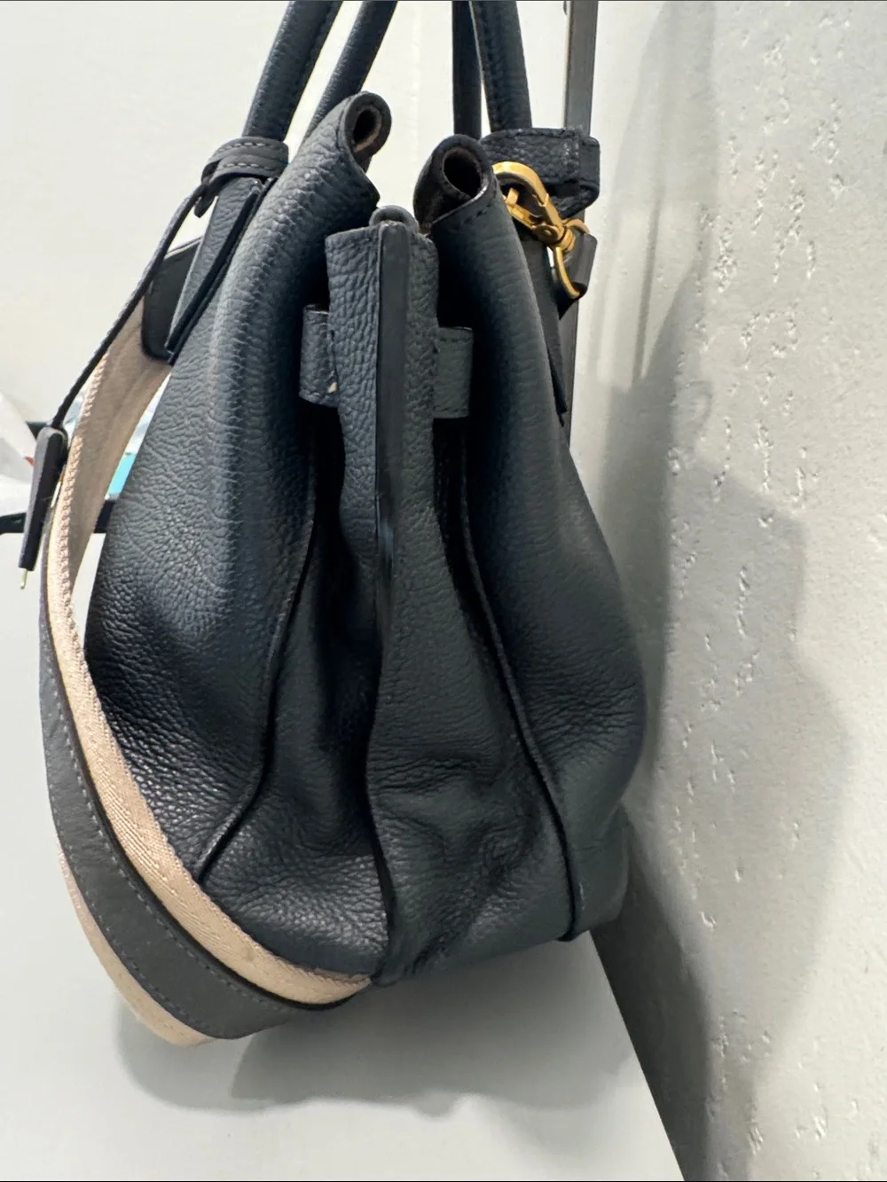 MCM Dark Gray Leather Satchel with Contrast Strap
